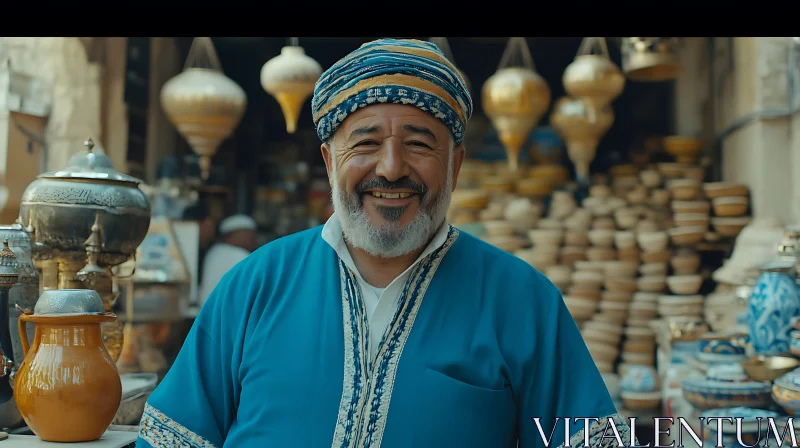 AI ART Smiling Man in Traditional Clothing at Market