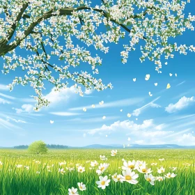 Spring Meadow with Blossoming Tree