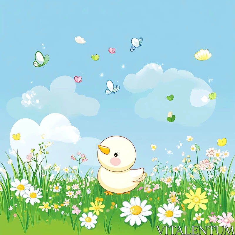 Cartoon Duckling Among Flowers and Butterflies AI Image