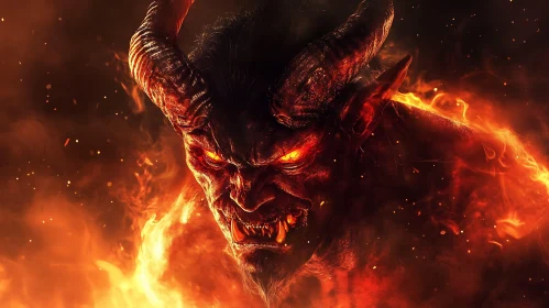 Fiery Demon with Horns and Glowing Eyes