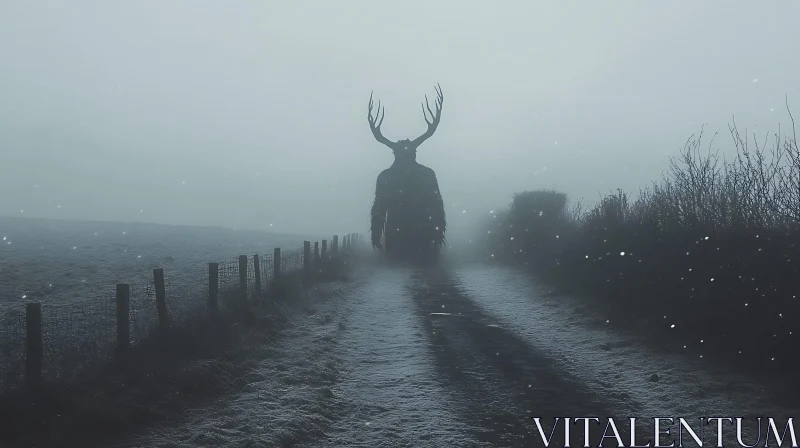 AI ART Mysterious Antlered Figure in Winter Mist