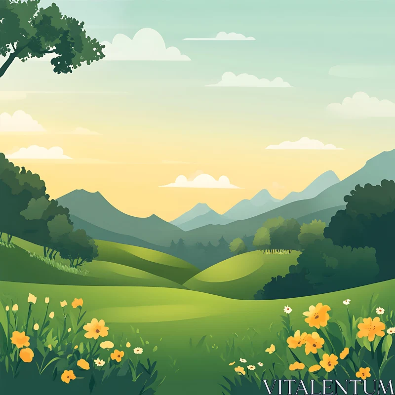 Peaceful Green Hills and Wildflowers Scenery AI Image