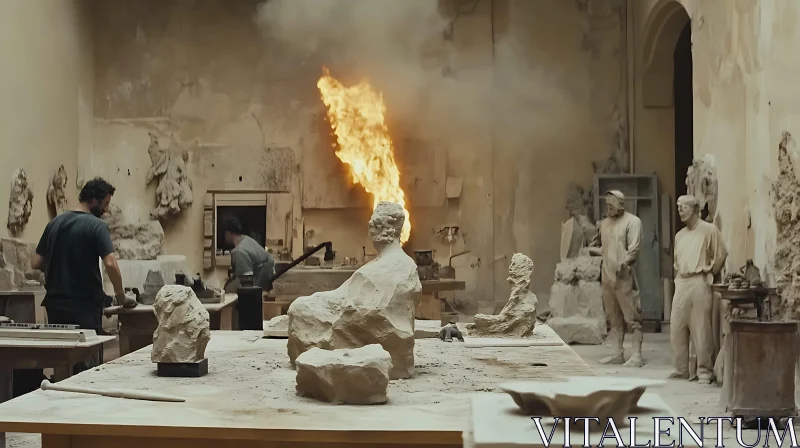 Creative Sculpture Workspace with Active Fire AI Image