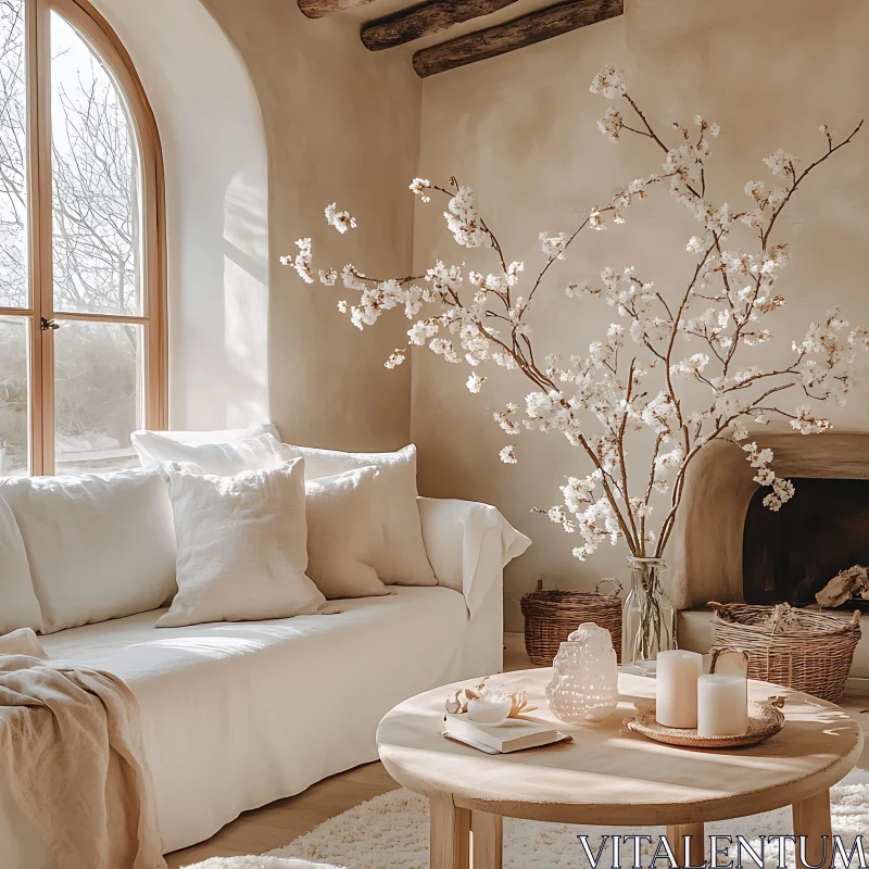 Neutral Home Decor with White Flowers AI Image