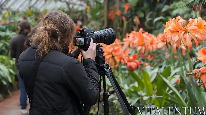 Photographer in Garden: Capturing Floral Essence AI Image