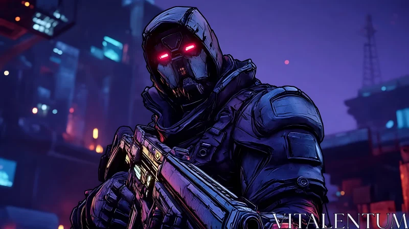 AI ART Hooded Cyberpunk Warrior with Glowing Eyes