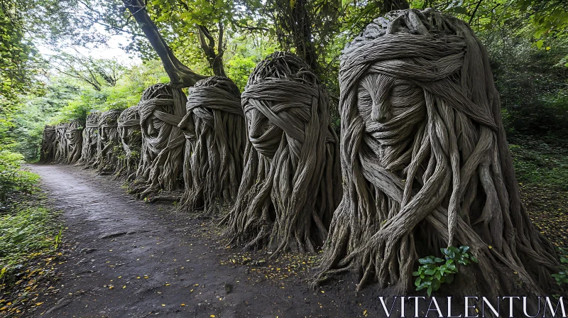 AI ART Wooden Faces Sculpture in the Forest