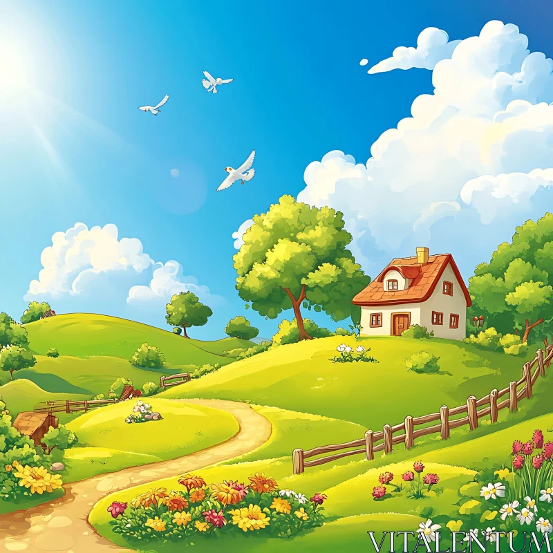 Cartoon Countryside Scene with House and Birds AI Image