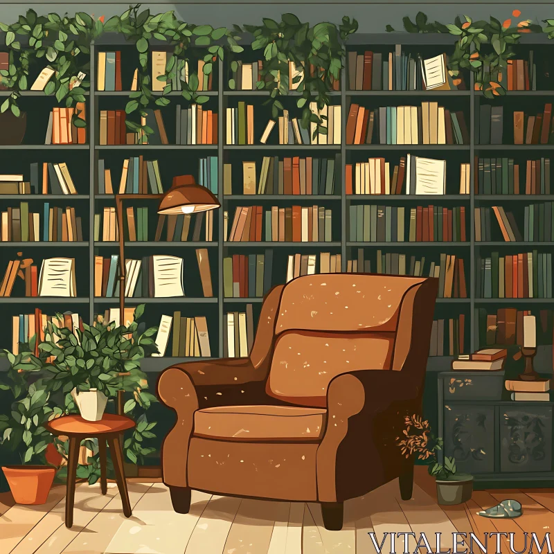 Cozy Interior with Bookshelf and Seat AI Image