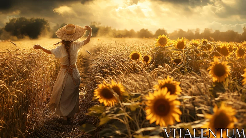 Woman in Sunflower Field at Sunset AI Image