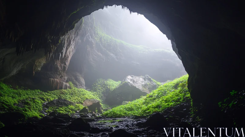 Cave Interior with Green Plants and Sunlight AI Image