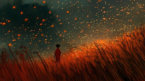 Person in Field with Fireflies