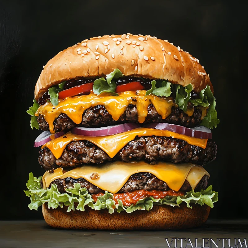 Stacked Cheeseburger with Fresh Veggies and Melted Cheese AI Image