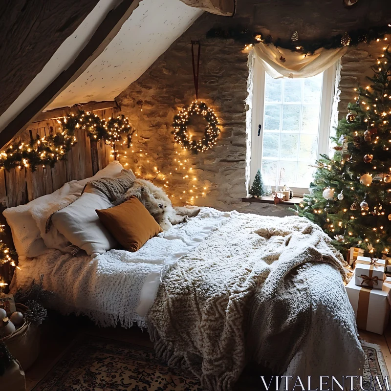 Christmas Decorated Cozy Bedroom AI Image