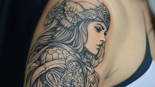 Detailed Female Warrior Tattoo in Black and Grey