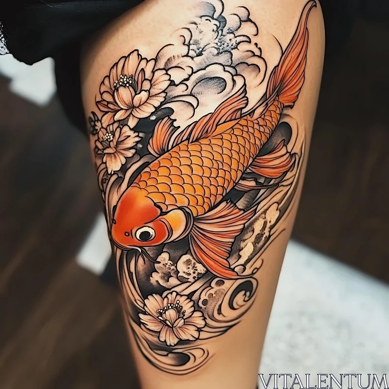 Intricate Koi Fish and Floral Leg Tattoo Design AI Image