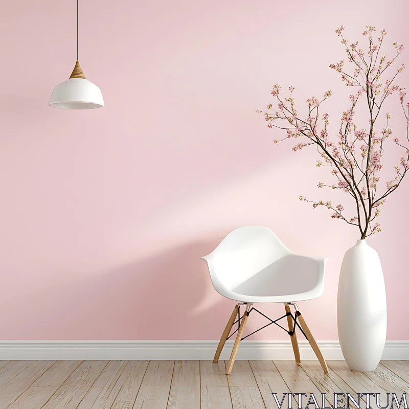 Minimalist Room with Pink Walls and Flowers AI Image