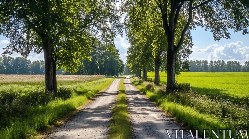 Green Fields and Tree Lined Road AI Image