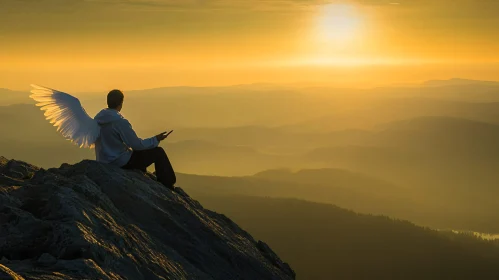 Winged Figure Contemplates Sunset