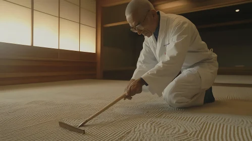 Man Creating Patterns in Sand Garden