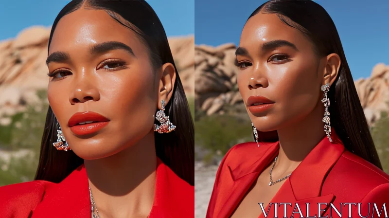 Captivating Portrait of a Woman in Red Suit Jacket against Desert Landscape AI Image