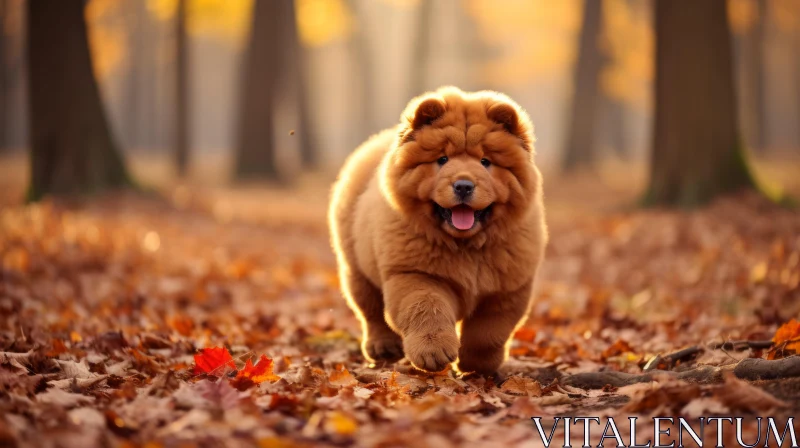 Chow Chow Dog Running Through Autumn Leaves in Forest AI Image