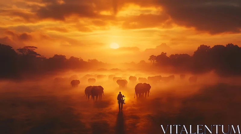 Photographer and Elephants in Foggy Sunset AI Image