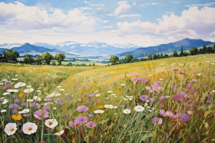 Floral Meadow Landscape with Distant Peaks