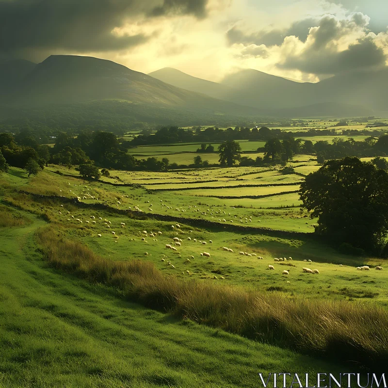 Pastoral Scene with Sheep in Meadow AI Image