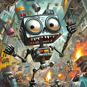 Humorous Robot Amidst City Ruins