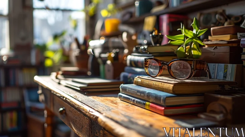Enchanting Still Life - Wooden Desk with Books, Glasses, and Plant AI Image
