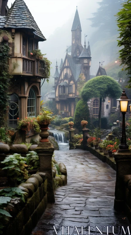 Enchanting Stone Pathway with Bridges and Buildings: A Fairytale-inspired Street Decor AI Image