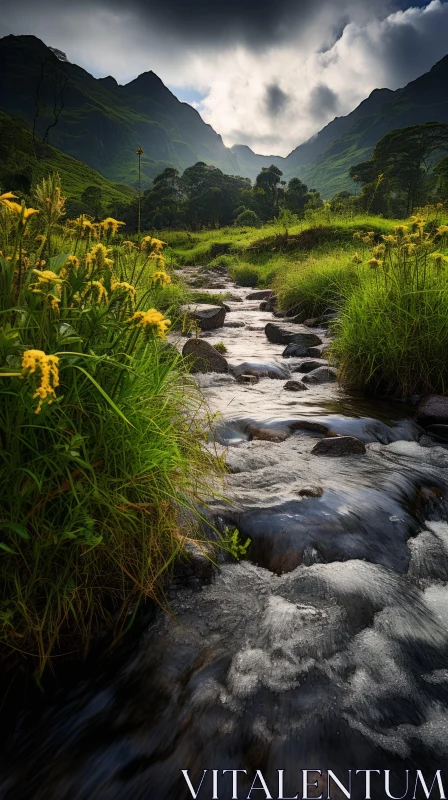 Enchanting Stream and Yellow Flowers: Captivating Nature Art AI Image