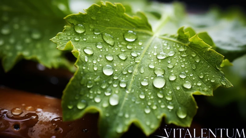 Fresh Leaves with Raindrops: A Still Life Nature Masterpiece AI Image
