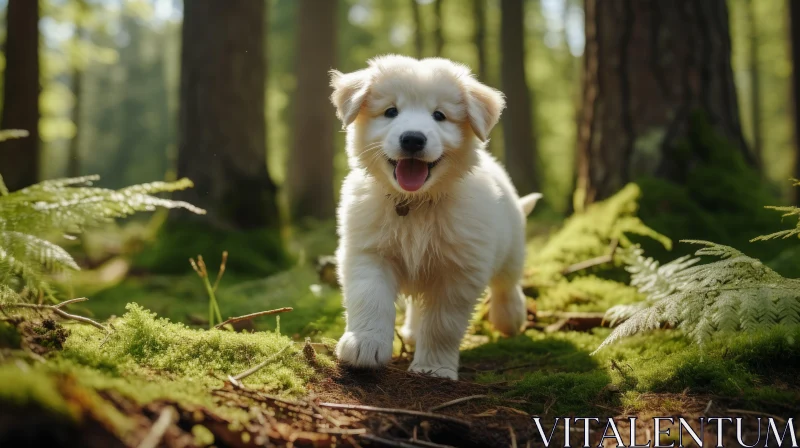 Joyful White Puppy Exploring the Emerald Wilderness AI Image