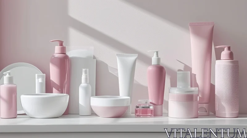 Pink and White Beauty Products on White Table | Product Shot AI Image