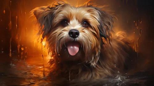Small Brown Dog in Water - Colorful Caricature with Realistic Lighting