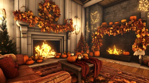 Warm Autumn Interior with Fireplace and Pumpkins