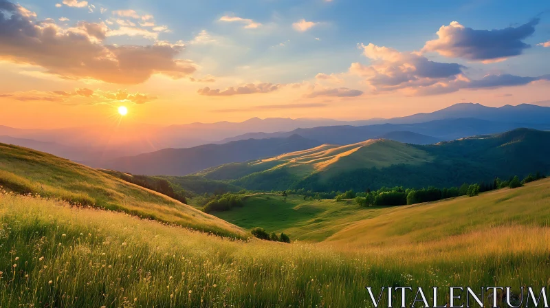 AI ART Sunset over Green Hills and Mountains