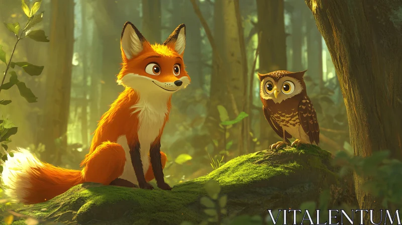 AI ART A Fox and Owl in a Forest Glade