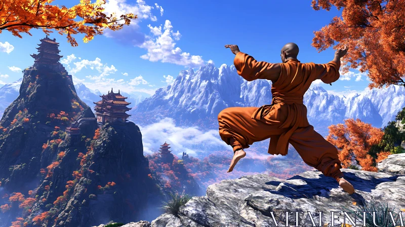 AI ART Monk's Leap of Faith in the Mountains