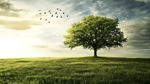 Green Field with Tree and Birds