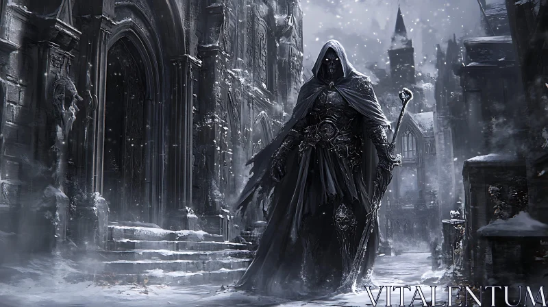 Dark Cloaked Figure in Snowy Gothic Landscape AI Image