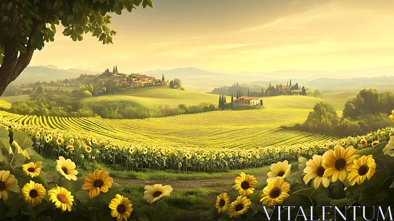 Tuscan Sunflower Landscape with Distant Village AI Image