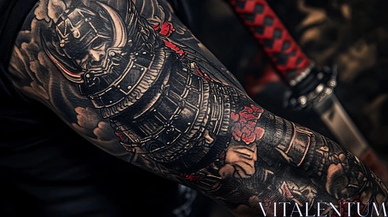 Samurai Tattoo with Sword and Floral Patterns AI Image