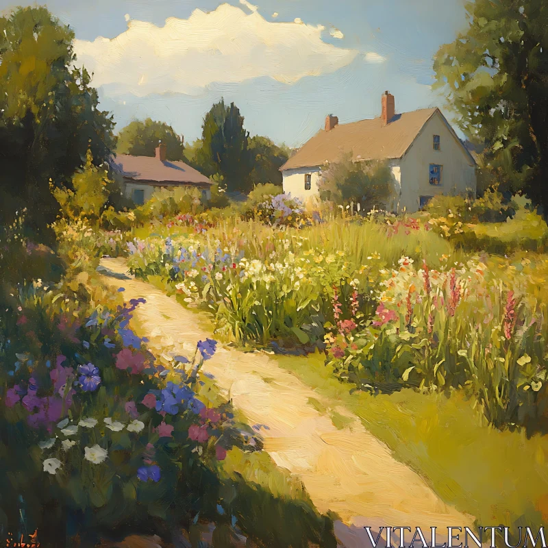 Summer Meadow Path to Rural Homes AI Image