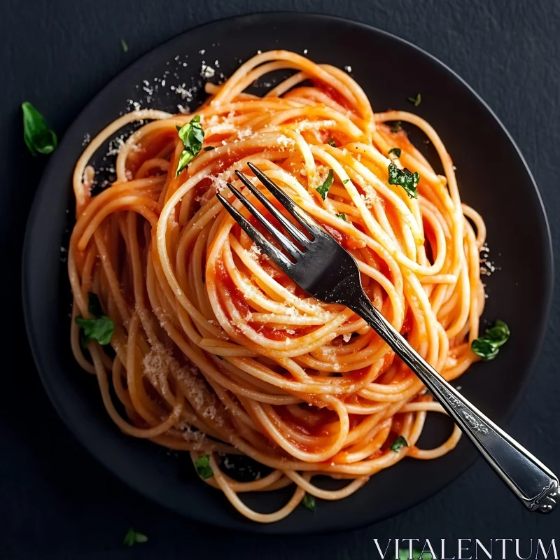 Delicious Spaghetti Dish with Fork on Black Plate AI Image