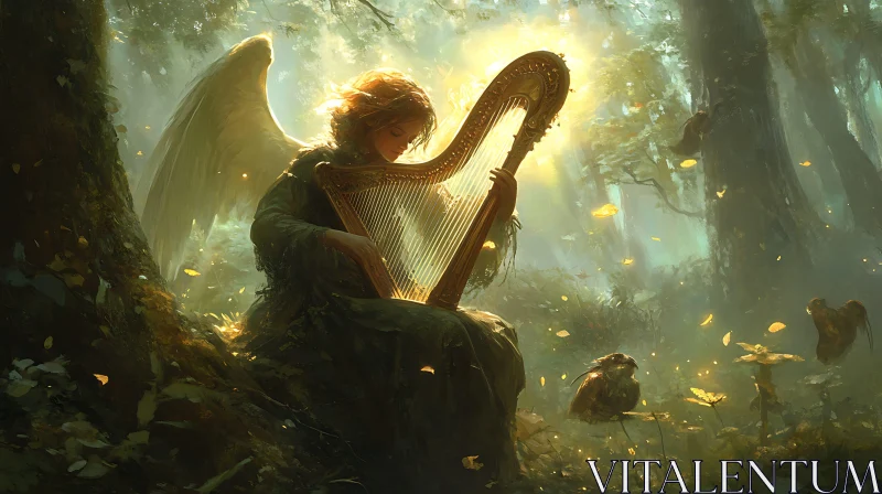 AI ART Forest Angel Playing Harp