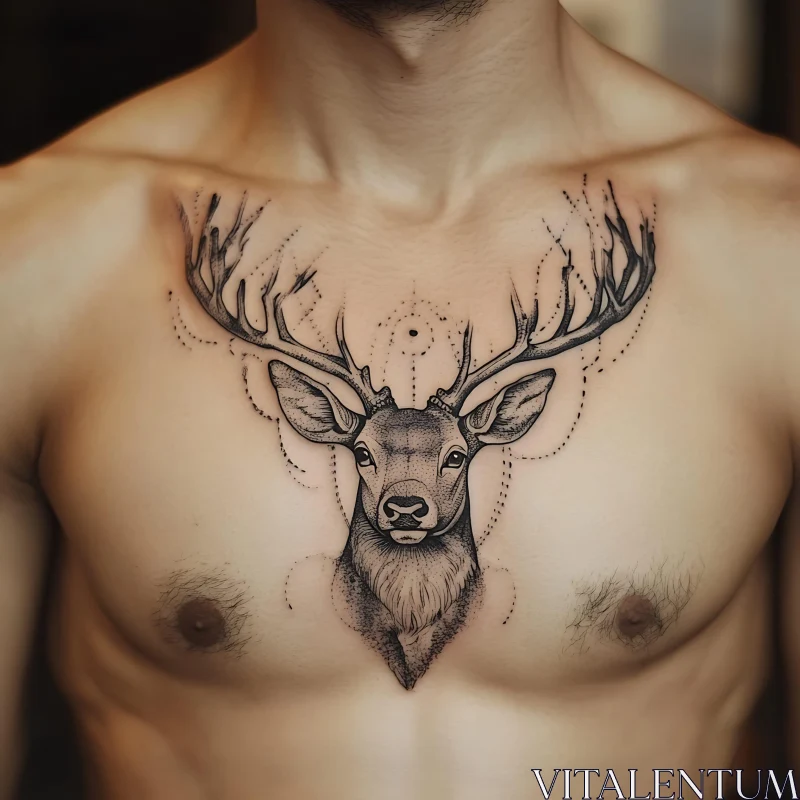 Black Ink Deer Chest Tattoo Design AI Image