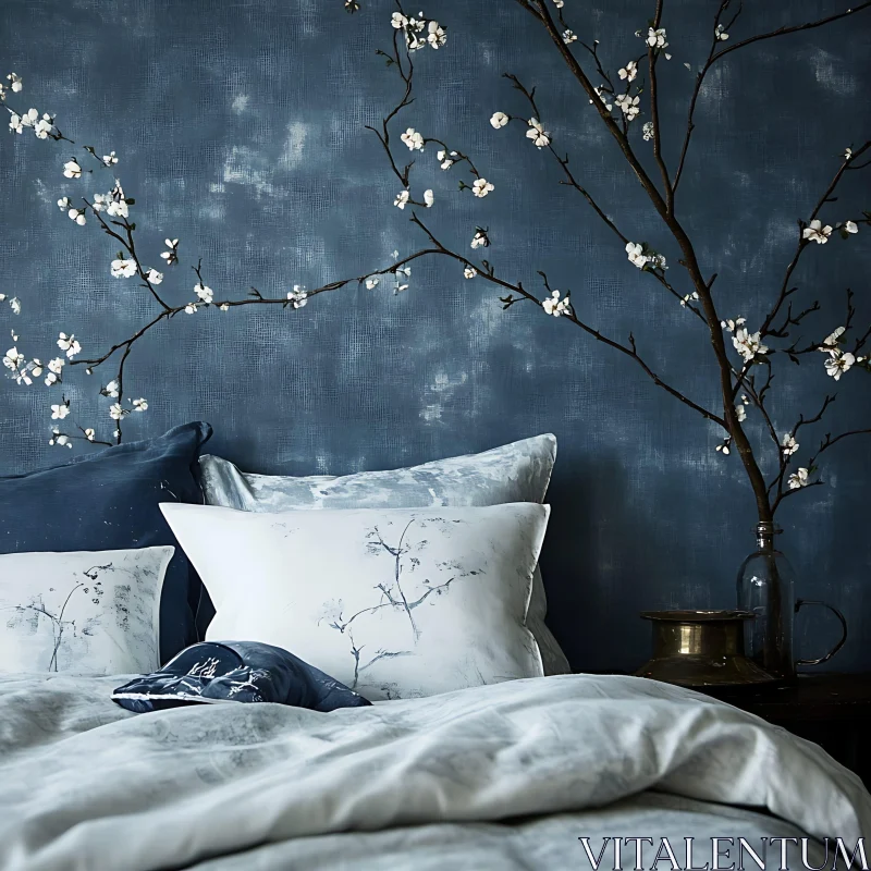 Floral Bedroom Design with Blue Walls AI Image